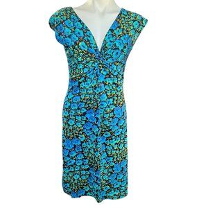 Tiana B Womens Size M Dress Blue Black Green Floral Stretch V Neck A Line Empire